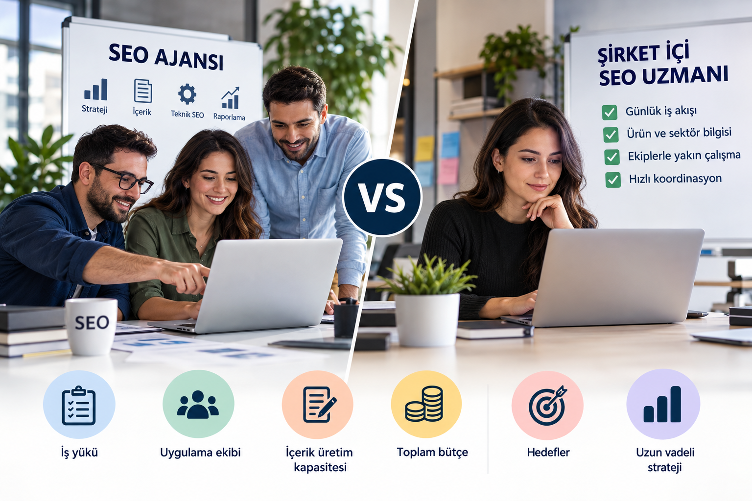 SEO ajansı ve şirket içi SEO uzmanı karşılaştırması: ekip yapısı, iş yükü, maliyet ve strateji.