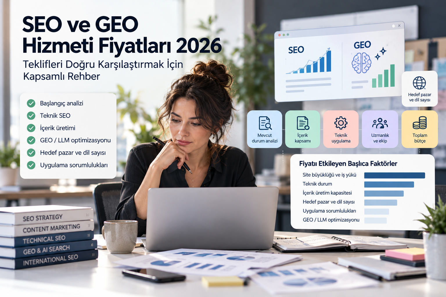 SEO ve GEO hizmeti fiyatları 2026 karşılaştırması; teknik SEO, içerik üretimi, yapay zekâ optimizasyonu ve toplam bütçeyi etkileyen faktörler.