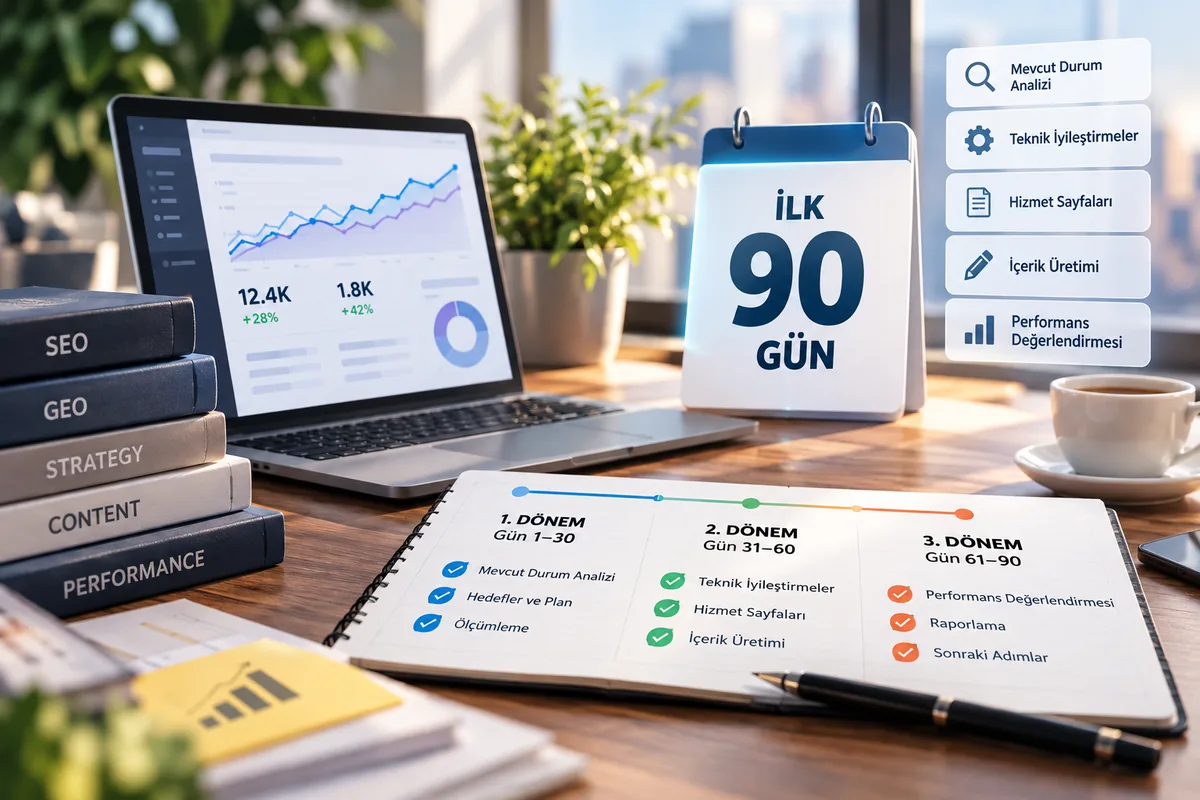 SEO ve GEO çalışmalarının ilk 90 gününde ajansın sunması gereken analiz, teknik iyileştirme, içerik ve performans raporları